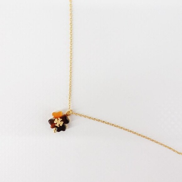 Tory Burch Resin Clover Necklace Tortoise Brown OS - Picture 2 of 12